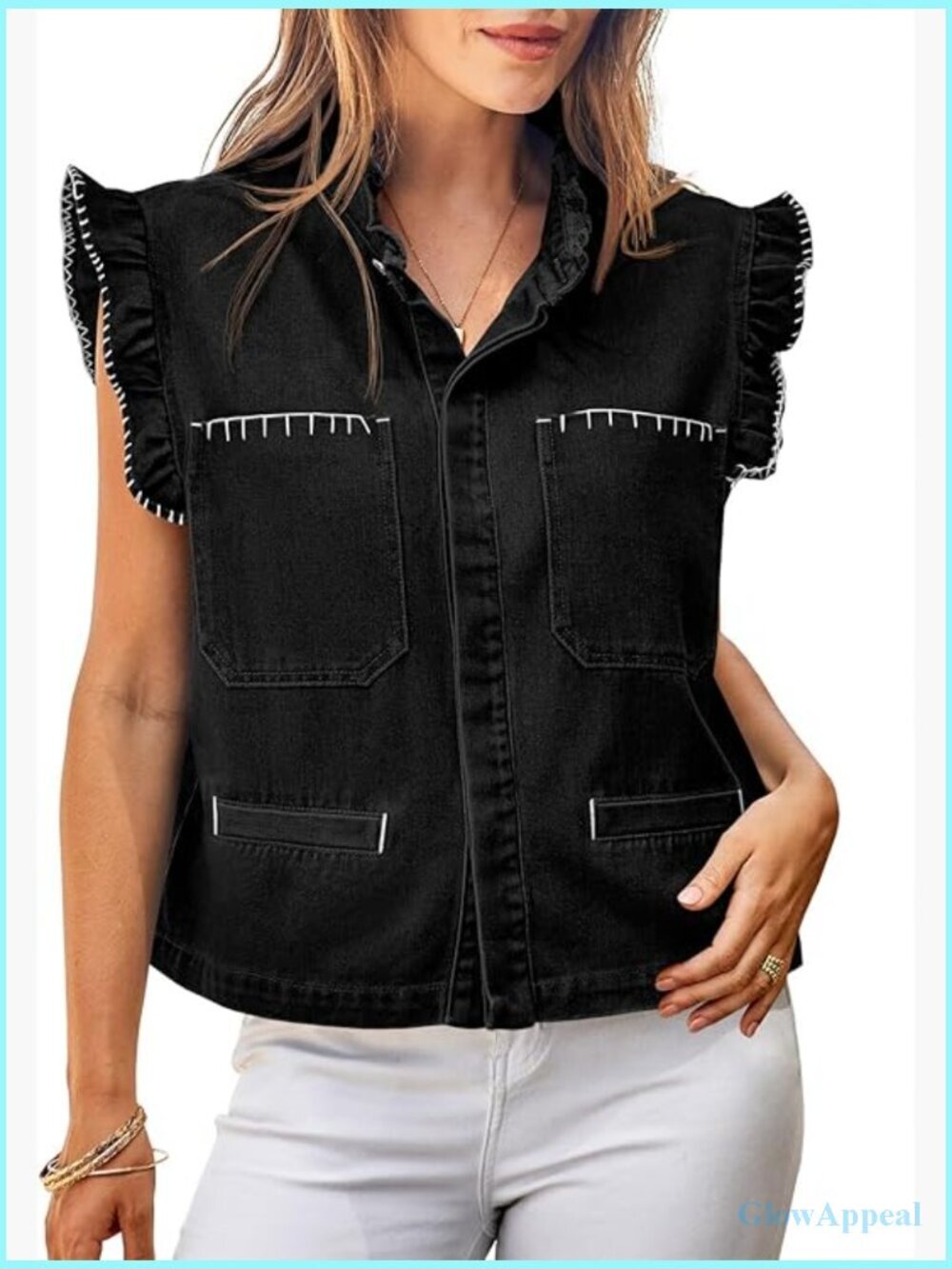 Womens Cropped Denim Vest Ruffle Sleeve Jean Jacket Sleeveless Top